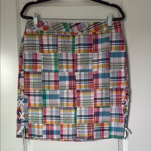 Talbots Pink and Blue Madras Skirt with pockets, lined and tie sides Size 10